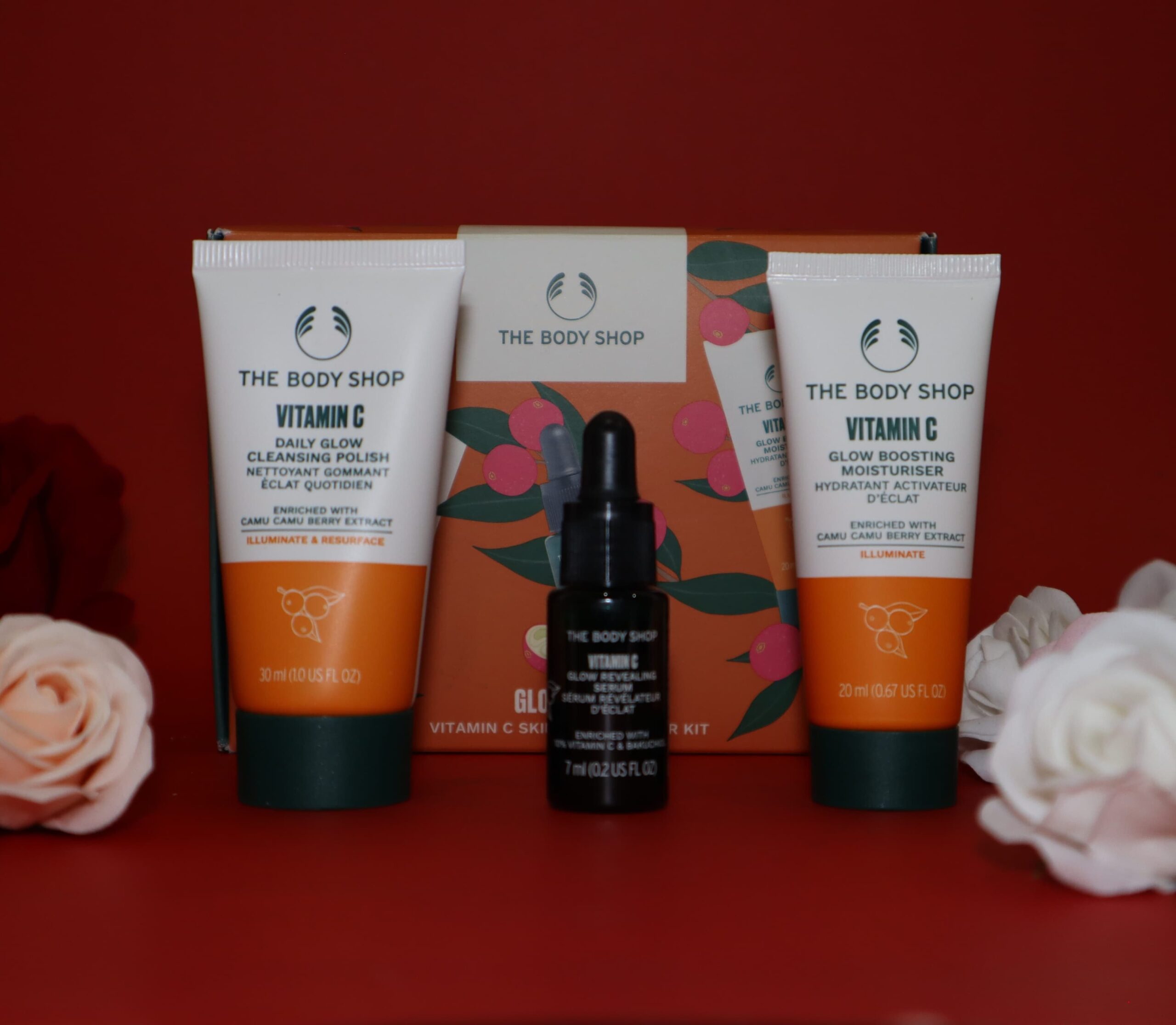 Vitamin C skincare, "Glow Revealing Skincare Kit"  by: THE BODY SHOP